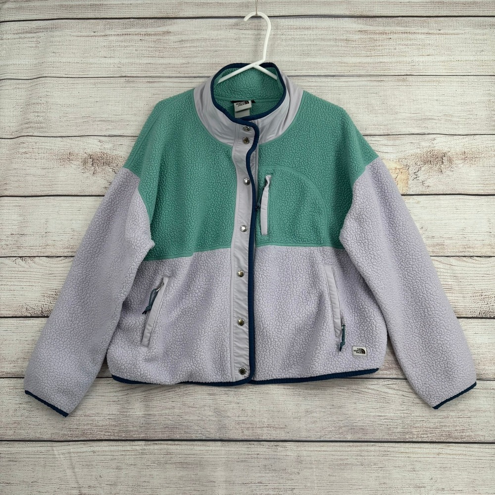 The North Face Fleece Jacket Womens 1X Purple Teal Colorblock Sherpa Snap Front